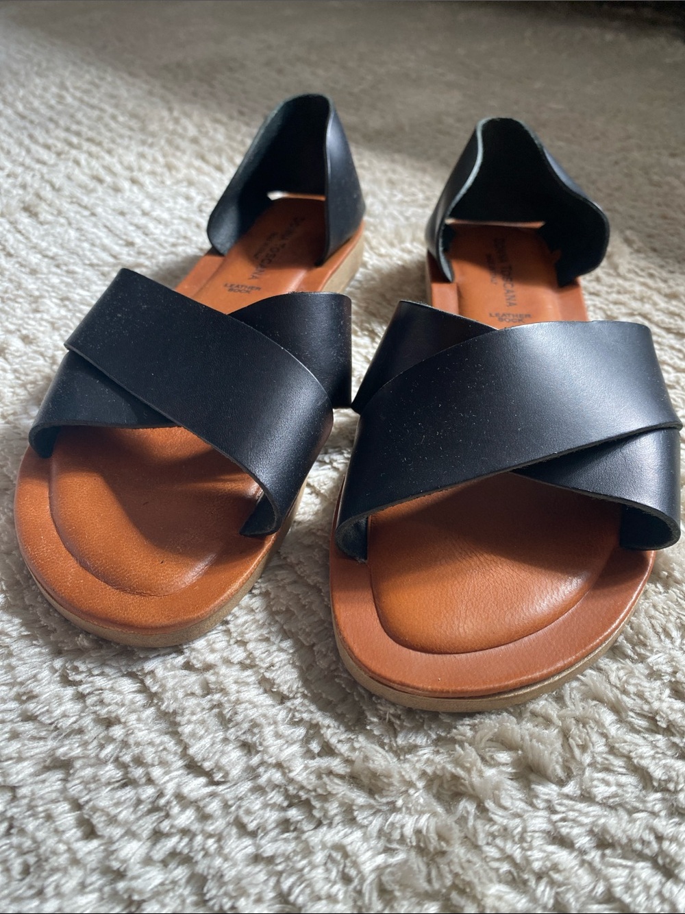 Women’s Black Crisscross Leather Sandals with Tan Footbed